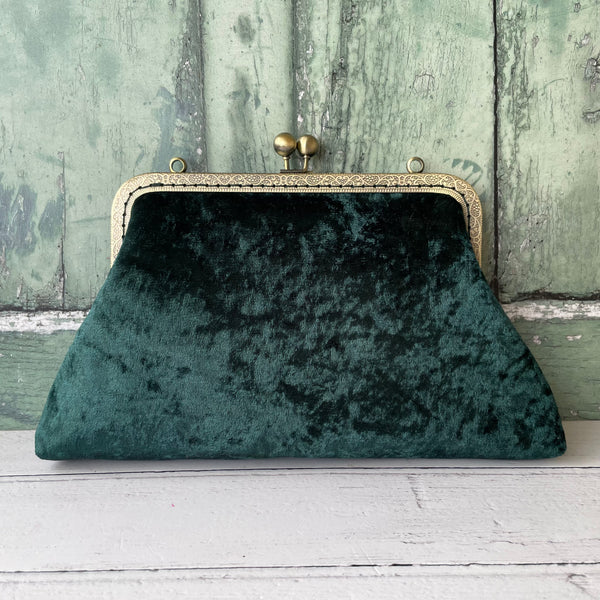 Dark Green Crushed Velvet 8 Inch Bronze Clasp Purse Frame Clutch Bag