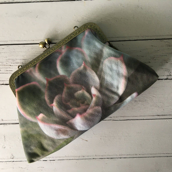 Green and Pink Echeveria Hercules Succulent Velvet 8 Inch Clasp Purse Frame Clutch Bag