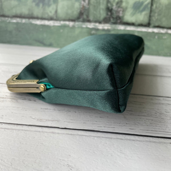 Dark Green Satin 8 Inch Bronze Clasp Purse Frame Clutch Bag
