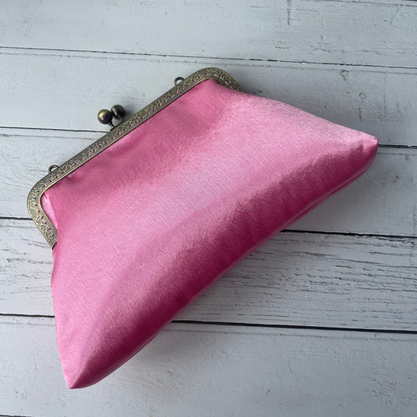 Rose Pink Satin 8 Inch Bronze Clasp Purse Frame Clutch Bag