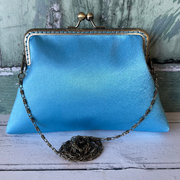Sky Blue Satin 5.5 Inch Bronze Clasp Purse Frame Clutch Bag