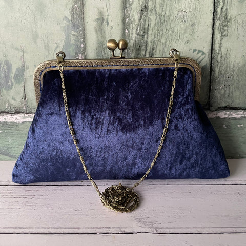 Navy Blue Crushed Velvet 8 Inch Bronze Clasp Purse Frame Clutch Bag