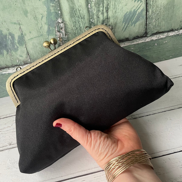 Black Satin 8 Inch Sew-In Bronze Clasp Purse Frame Clutch Bag