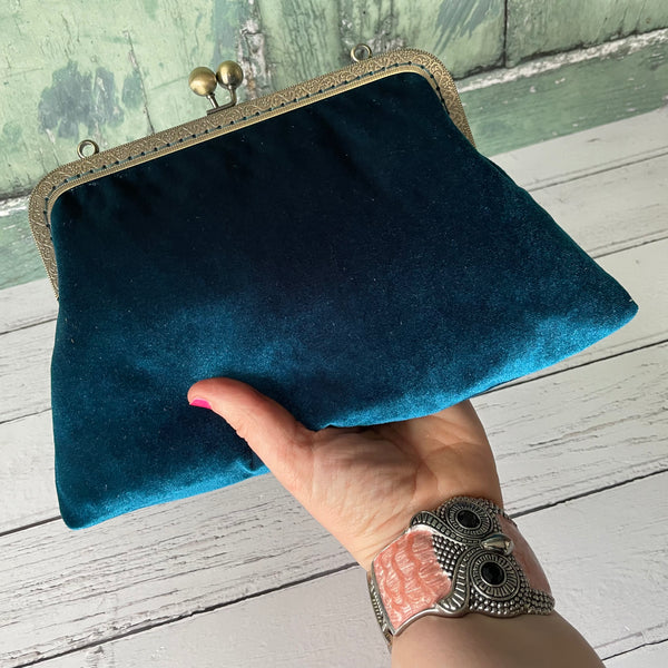 Petrol Blue Velvet 8 Inch Bronze Clasp Purse Frame Clutch Bag