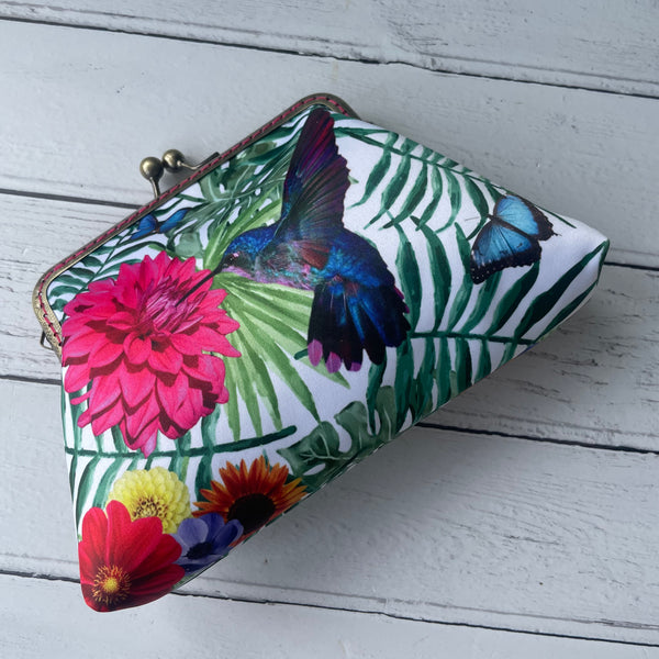 Tropical Hummingbird and Butterfly Satin 5.5 Inch Bronze Clasp Purse Frame Clutch Bag