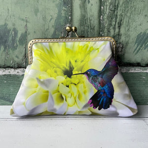 White Lime Chrysanthemum and Hummingbird Satin 5.5 Bronze Clasp Purse Frame Clutch Bag