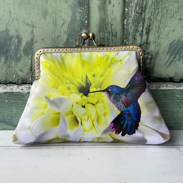 White Lime Chrysanthemum and Hummingbird Satin 5.5 Bronze Clasp Purse Frame Clutch Bag