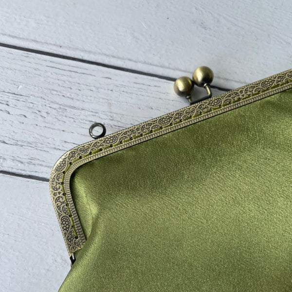 Olive Green Satin 8 Inch Bronze Clasp Purse Frame Clutch Bag