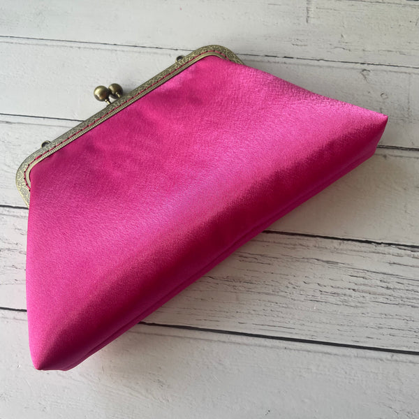 Hot Pink Satin 8 Inch Bronze Clasp Purse Frame Clutch Bag