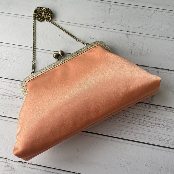 Peachy Orange Satin 8 Inch Bronze Clasp Purse Frame Clutch Bag