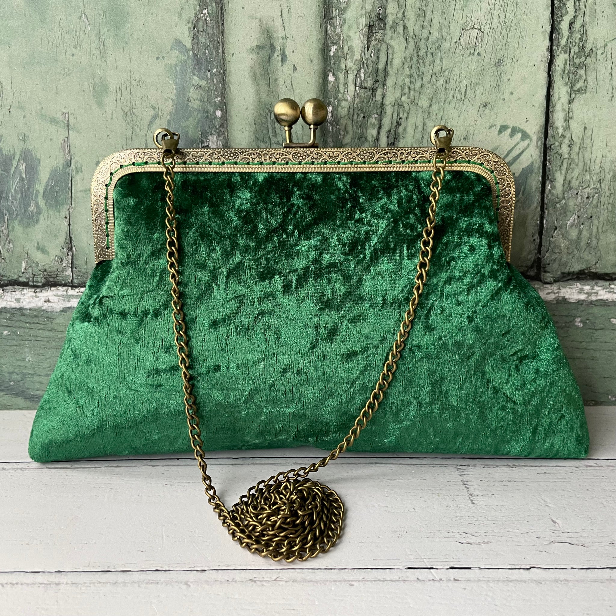 Jewel Green Crushed Velvet 8 Inch Bronze Clasp Purse Frame Wedding Clutch Bag