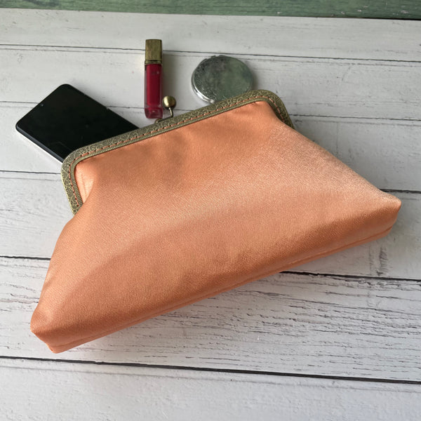 Peachy Orange Satin 8 Inch Bronze Clasp Purse Frame Clutch Bag