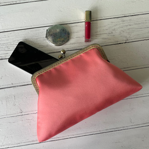 Coral Pink Satin 8 Sew-In Bronze Clasp Purse Frame Clutch Bag
