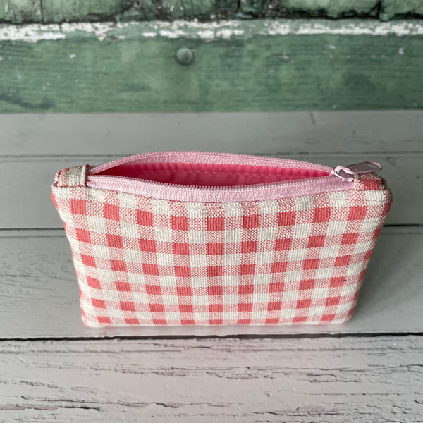 Pink and White Gingham Cotton Zip Coin Purse Pouch