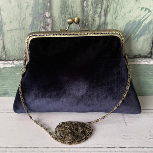 Navy Blue Black Velvet 5.5 Clasp Purse Frame Clutch Bag