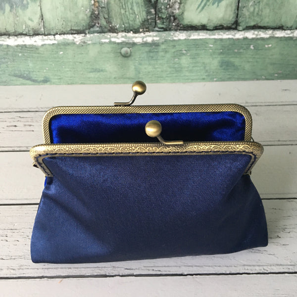 Navy Blue Satin 5.5 Clasp Purse Frame Clutch Bag