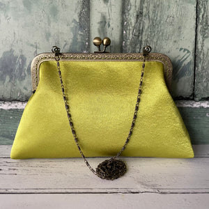 Lime Green Satin 8 Sew-In Bronze Clasp Purse Frame Clutch Bag