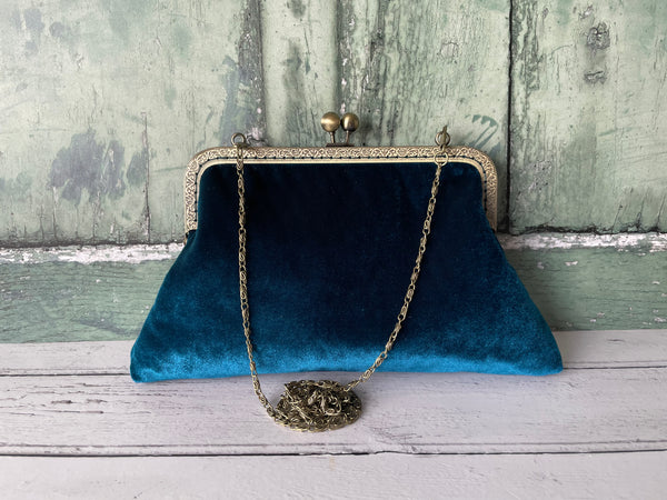 Petrol Blue Velvet 8 Inch Bronze Clasp Purse Frame Clutch Bag