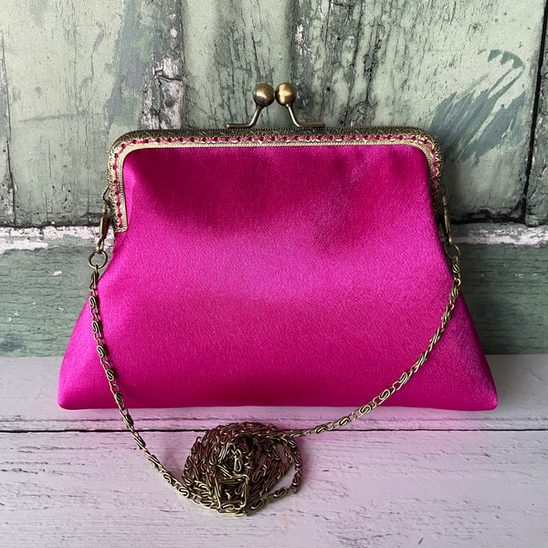 Fuchsia Pink Satin 5.5 Inch Clasp Purse Frame Clutch Bag