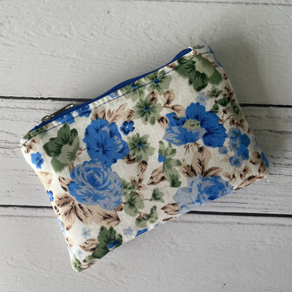 Blue Roses Floral Cotton Coin Zipper Purse Pouch