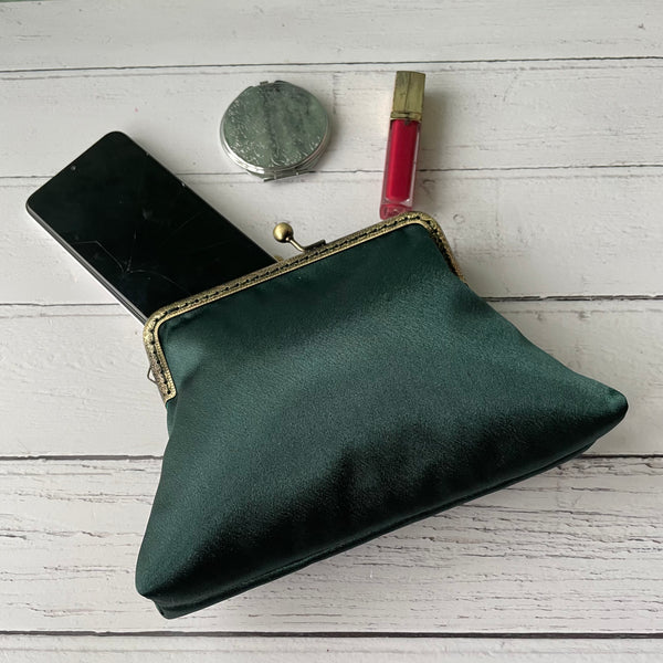 Dark Green Satin 5.5 Inch Clasp Purse Frame Clutch Bag