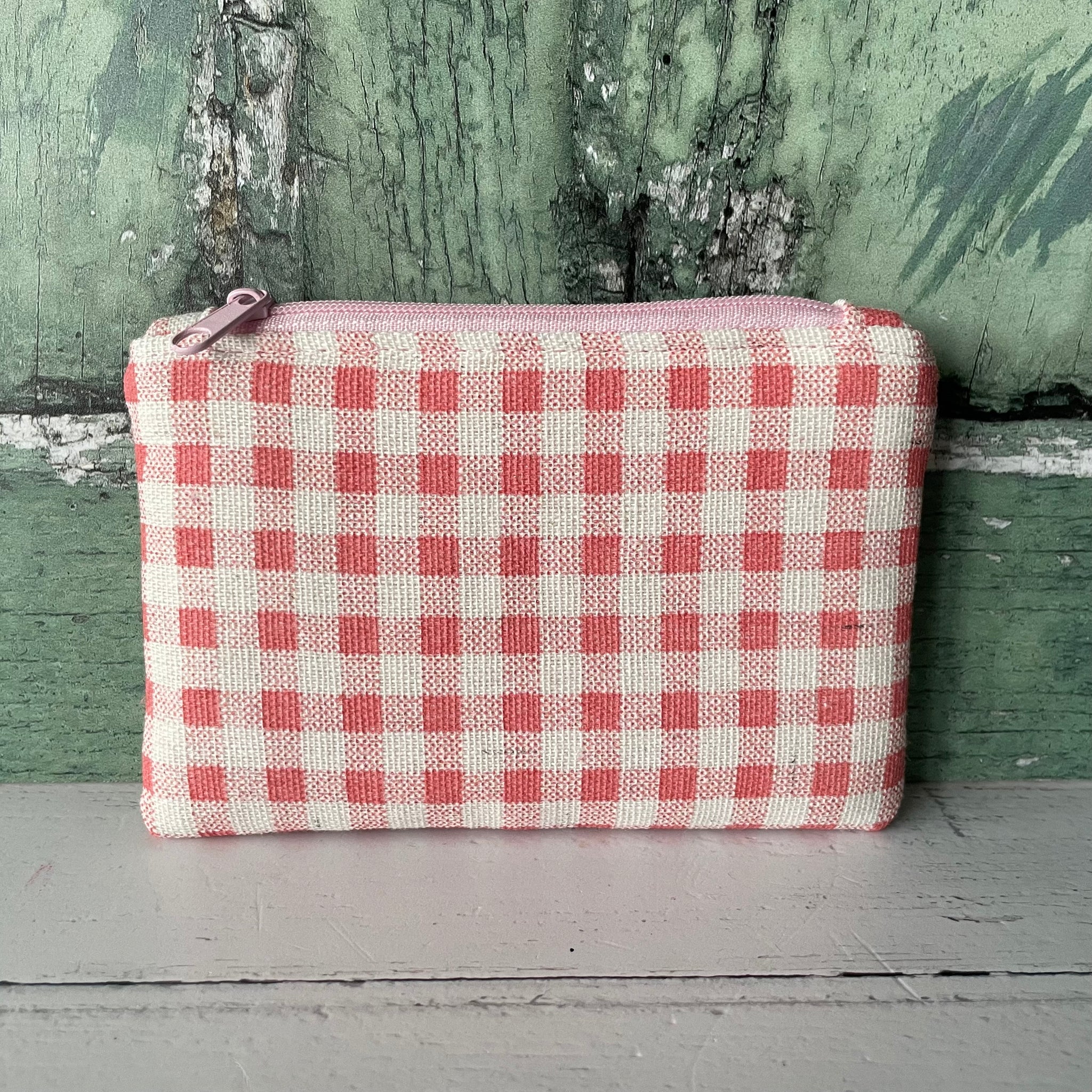 Pink and White Gingham Cotton Zip Coin Purse Pouch