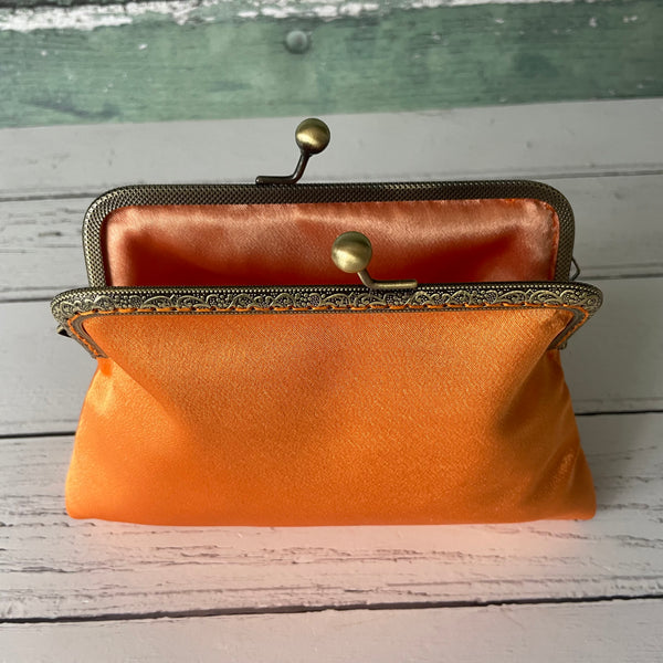 Tangerine Orange Satin 5.5 Inch Bronze Clasp Purse Frame Clutch Bag