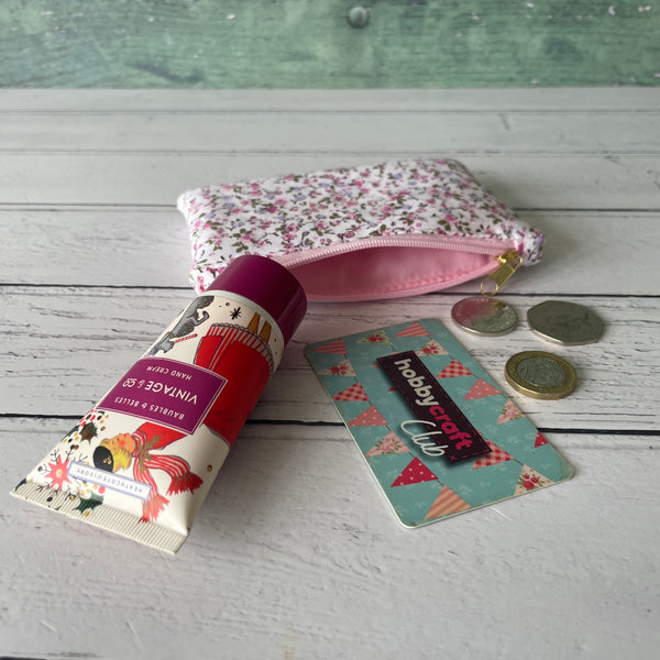 Purple and Pink Ditzy Floral Cotton Coin Zipper Purse Pouch