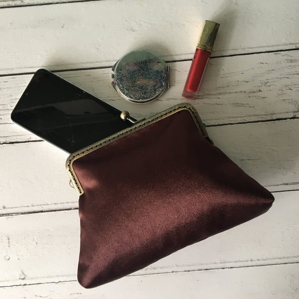 Chocolate Brown Satin 5.5 Inch Clasp Purse Frame Clutch Bag
