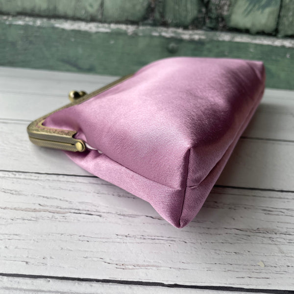 Antique Dusty Pink Satin 8 Inch Bronze Clasp Purse Frame Clutch Bag