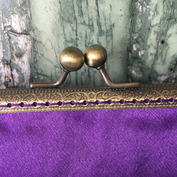 Purple Satin 5.5 Inch Bronze Clasp Purse Frame Clutch Bag