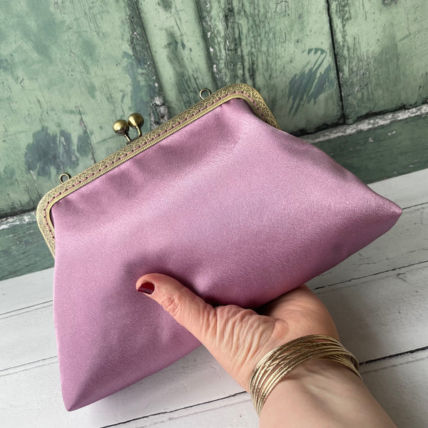 Antique Dusty Pink Satin 8 Inch Bronze Clasp Purse Frame Clutch Bag