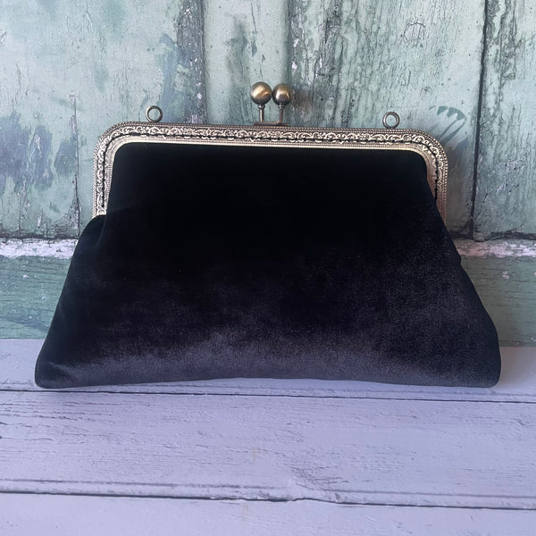 Black Velvet 8 Inch Bronze Clasp Purse Frame Clutch Bag