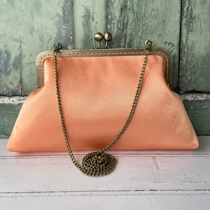 Peachy Orange Satin 8 Inch Bronze Clasp Purse Frame Clutch Bag