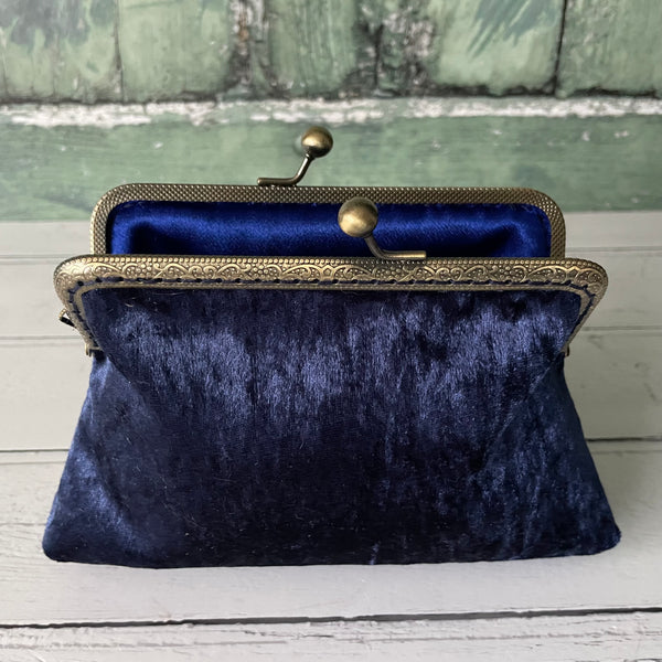 Navy Blue Crushed Velvet 5.5 Clasp Purse Frame Clutch Bag