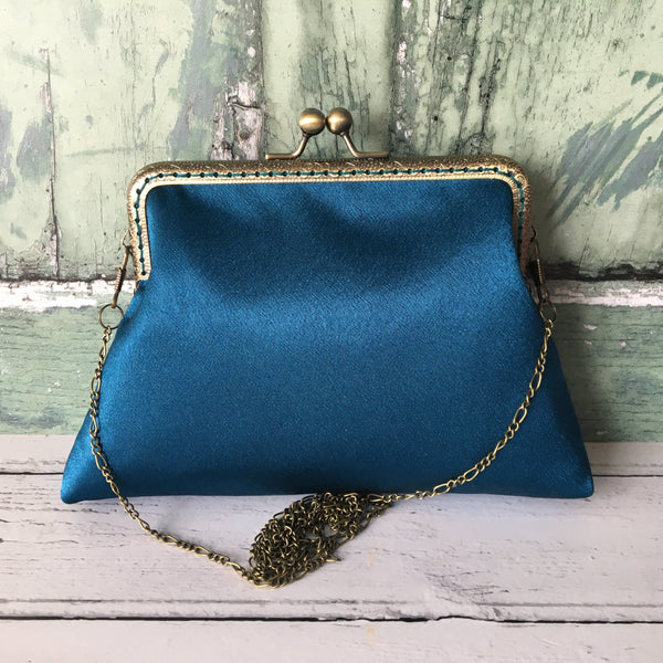 Petrol Blue Satin 5.5 Inch Clasp Purse Frame Clutch Bag