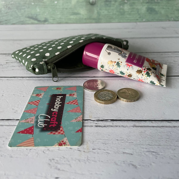 Green and White Polka Cotton Dot Zip Coin Purse Pouch