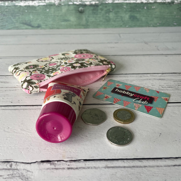 Retro Pink and Green Floral Cotton Coin Zipper Purse Pouch