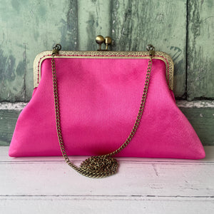 Hot Pink Satin 8 Inch Bronze Clasp Purse Frame Clutch Bag