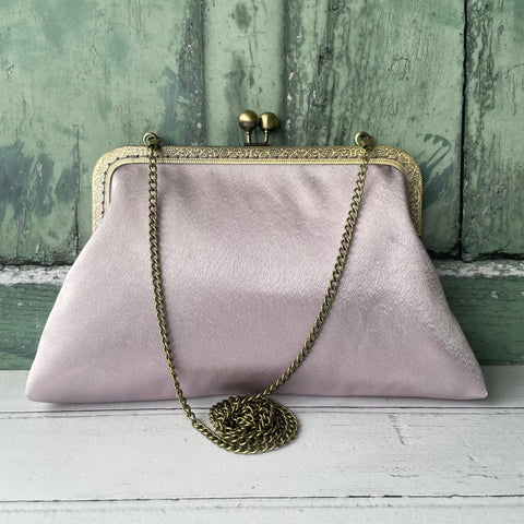 Pale Mauve Blush Satin 8 Inch Bronze Clasp Purse Frame Clutch Bag
