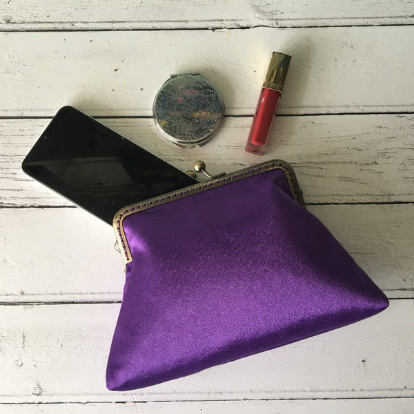 Purple Satin 5.5 Inch Bronze Clasp Purse Frame Clutch Bag