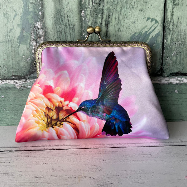 Pink Chrysanthemum and Blue Hummingbird Satin 5.5 Clasp Purse Frame Clutch Bag