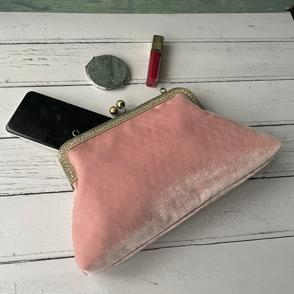 Crepe Pink Velvet 8 Inch Bronze Clasp Purse Frame Clutch Bag