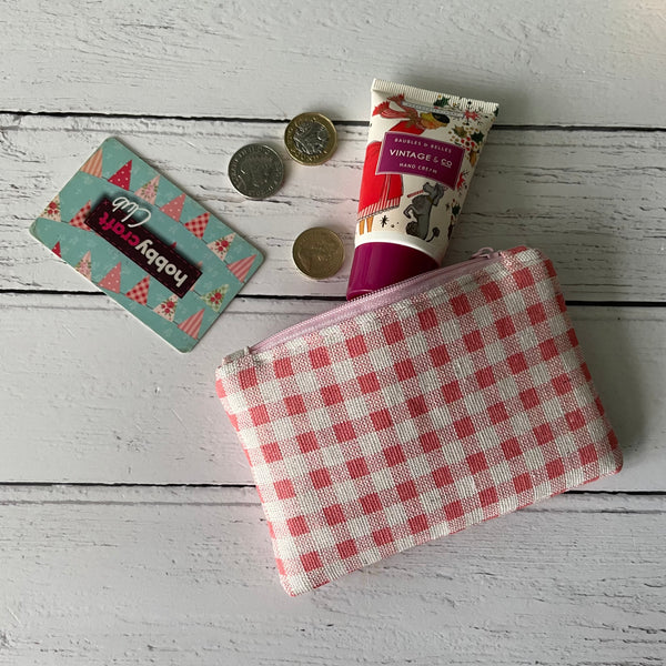 Pink and White Gingham Cotton Zip Coin Purse Pouch