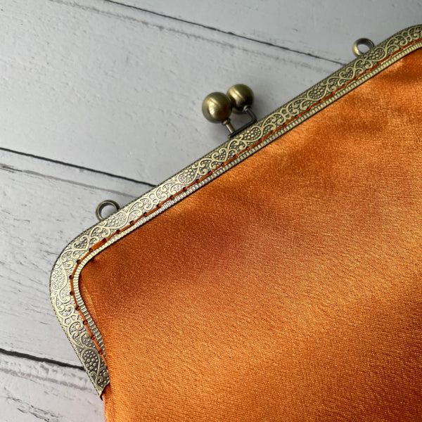 Tangerine Orange Satin 8 Inch Bronze Clasp Purse Frame Clutch Bag
