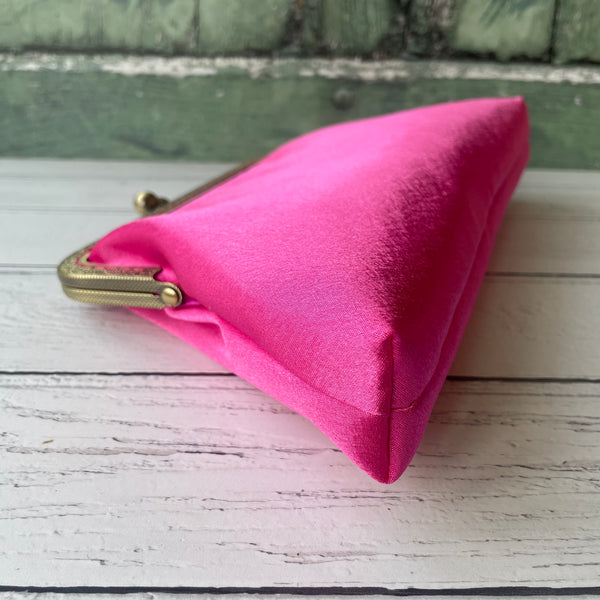 Hot Pink Satin 8 Inch Bronze Clasp Purse Frame Clutch Bag