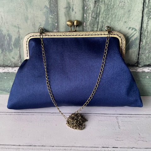 Navy Blue Satin 8 Inch Bronze Clasp Purse Frame Clutch Bag