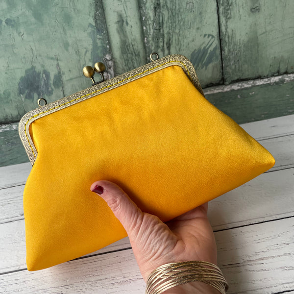 Golden Yellow Satin 8 Inch Bronze Clasp Purse Frame Clutch Bag