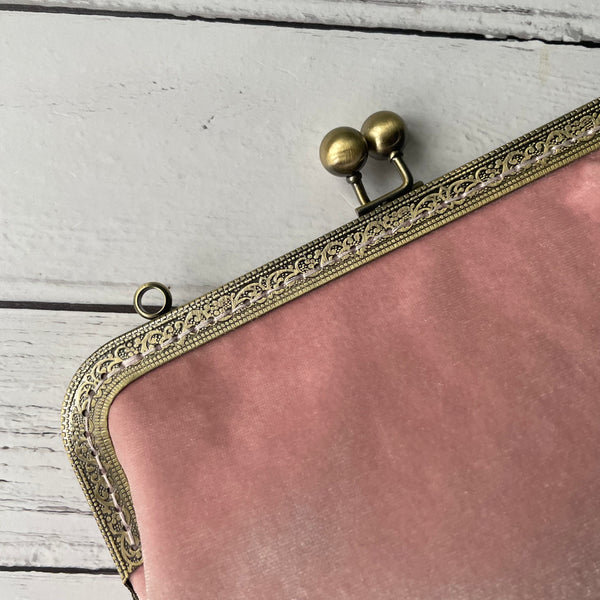 Crepe Pink Velvet 8 Inch Bronze Clasp Purse Frame Clutch Bag