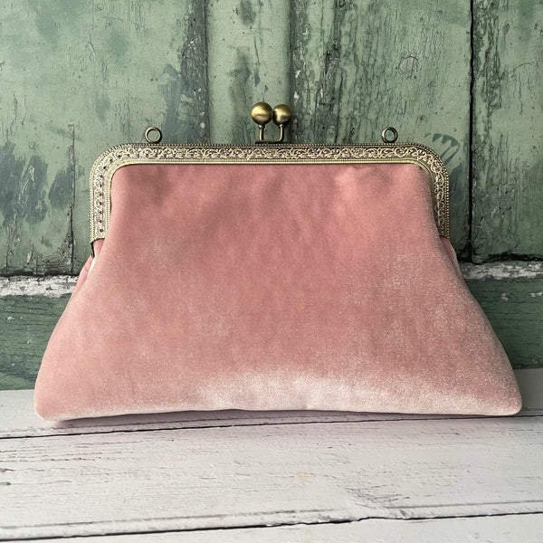 Crepe Pink Velvet 8 Inch Bronze Clasp Purse Frame Clutch Bag